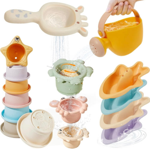 Baby Bath Toys for Kids Ages 1-3, 16PCS Mold Free Bath Toys for Toddler 2-4 & Babies 6-12-18 Months Bath Cups Watering Can with Storage Bag Montessori Bathtub Sand Pool Water Toys for 1+ Years Old