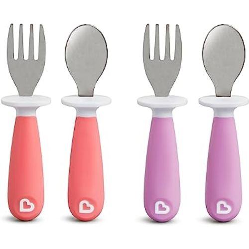 Munchkin® Raise™ Toddler Fork and Spoon Utensil Set, Rest Keeps Tip Off Table, BPA Free, 4 Pack, Pink/Purple