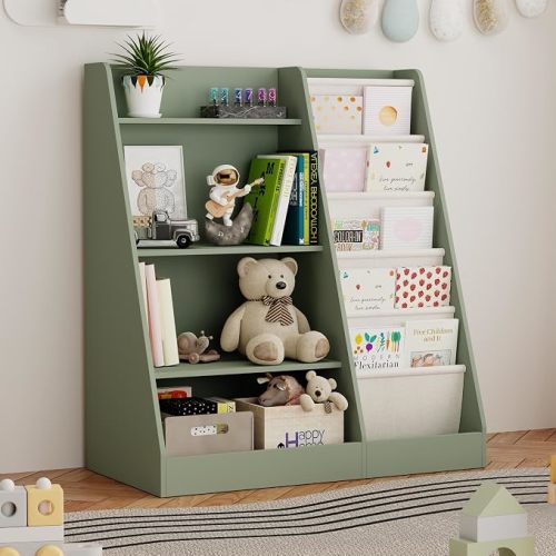 2-IN-1 Kids Bookshelf and Toy Storage Organizer, 4-Tier Solid Wood Cabinet with Sling Book Storage for Toddler and Baby, Montessori Book Shelf for Kids Room, Nursey, Playroom and Classroom, Green