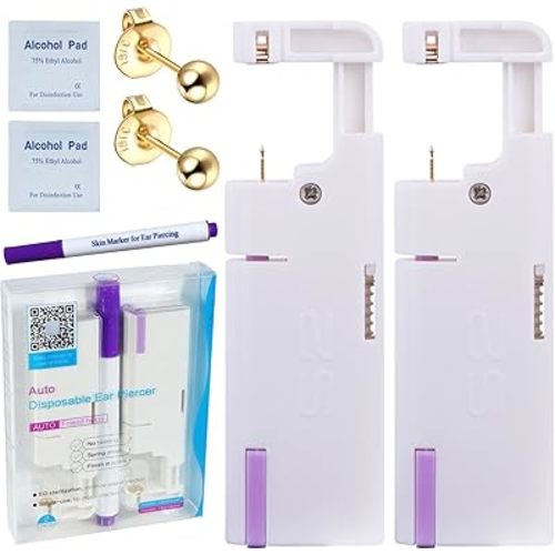2PCS Disposable Ear Piercing Kit Ear Piercing Gun Self Use Ear Piercings Kit Cartilage Piercing Gun with Hypoallergenic Earrings(3mm Ball,24kt Gold)