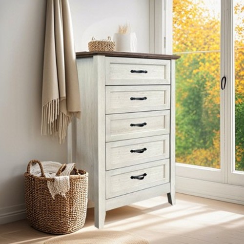 Garvee 5 Drawer Dresser, Farmhouse Tall Dresser for Closet, Rustic Chest of Drawer with Wide Metal Handles, Wood Dressers Organizer for Bedroom