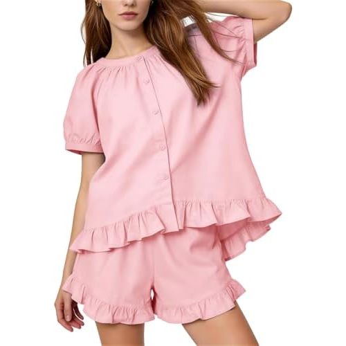 Flygo Womens Pajamas Set 2 Piece Cotton Ruffle Pj Lounge Sets Cute Puff Sleeve Babydoll Top Shorts Sleepwear Summer Outfits