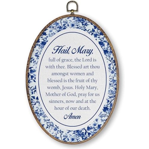 Qskjre Vintage Catholic Christian Wall Art Decor, Hail Mary Prayer Oval Framed Canvas Wall Artwork, Blue and White Floral Religious Hanging Prints for Home Bedroom Prayer Room Decorations, 8.6x11.4