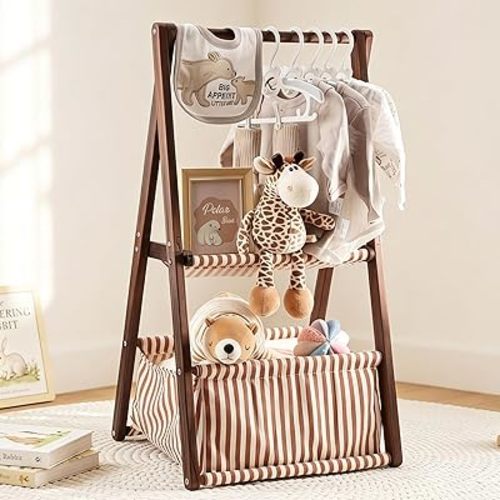 GiftAmaz Wooden Baby Shower Crate Closet, Brown Double-Layered Baby Basket for Nursery, Baby Storage Crate with Handle, Newborn Baby Clothing Rack for Baby Shower, Pregnancy Gifts for New Mom Parents