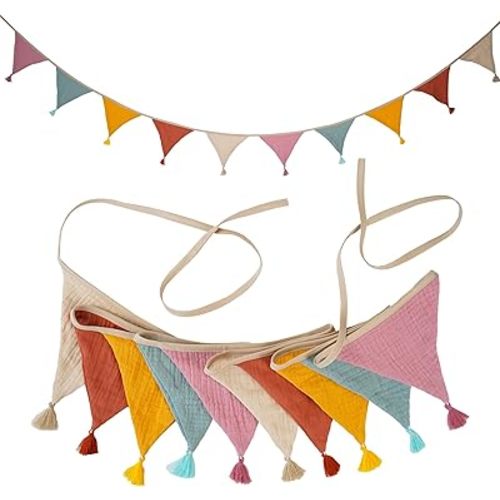 Fabric Bunting Banner, 2 Pack Handmade Neutral String Banner with Tassel Each 8.5 ft 10 Flags Nursery Wall Hanging Wedding Birthday Home Baby Shower Party Decoration Bunting (Pink Candy 2 Packs)