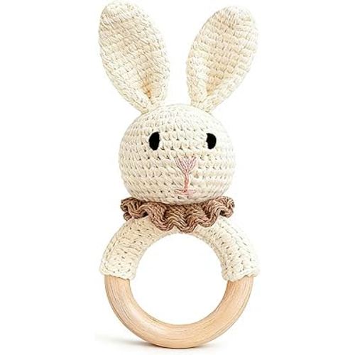 Baby Rattle Toys, Handcrafted Crochet Bunny Rattles with Wooden Teething Ring, Organic Newborn Toy Crochet Stuffed Animal Rattle Baby Announcement Ideas, Beig