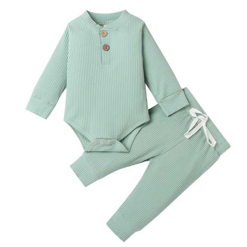 Ulanda Baby Boy Girl Clothes Ribbed Knitted Cotton Long Sleeve Romper Long Pants Solid Color Fall Winter Outfits (Light Green, 3-6 Months)