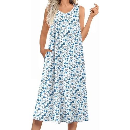 Ekouaer Nightgowns for Women Long Sleeveless Night Gowns Ladies Soft Nightdress Victorian Sleepwear with Pockets S-XXXL