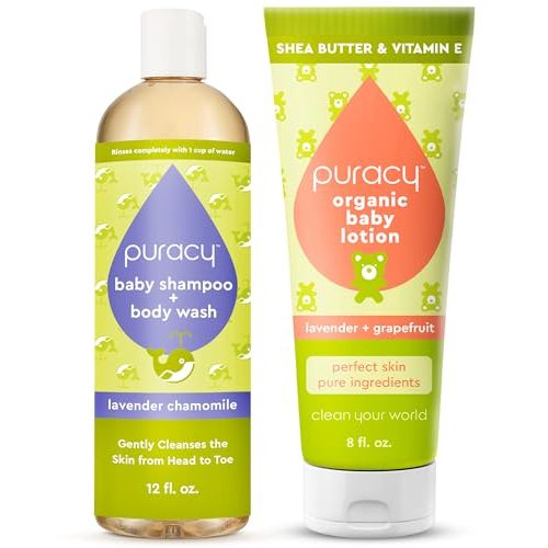 Puracy Shampoo & Body Wash for Children, Gently Scented for Sensitive Skin (Lavender Chamomile, 12 oz) and Organic Baby Lotion, Eczema Moisturizer for Infants and Newborns (Lavender & Grapefruit, 8oz)