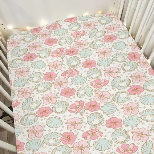 Boho Summer Mermaids Floral Baby Crib Sheets for Boy Girl 52"x28" Beach Seashells Conch Tropical Flowers Soft Snug Fitted Crib Mattress Cover Ocean Marine Baby Sheet for Crib & Toddler Bed Mattress