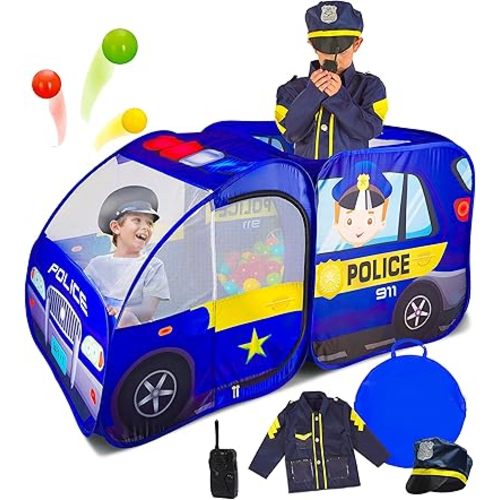 Police Car Pop Up Play Tent with Sound Button and Policeman Officer Costume for Kids, Toddlers, Boys, Girls, Indoors & Outdoors – Playhouse for Interactive Fun - Foldable, Quick Setup Pretend Play