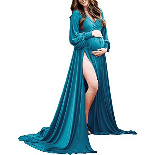 Maternity Gown Bishop Sleeves Baby Shower Dress Wrap Side Slit Sweetheart Maxi Photo Shoot for Photography