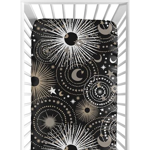 Sweet Jojo Designs Fitted Baby Crib Sheets (Black Outer Space Moon and Stars) for Girls/Boys, Infant Nursery, Toddler Room - Standard Size (Gold & Silver Celestial, Moons & Star, Astral, Sky, Modern)