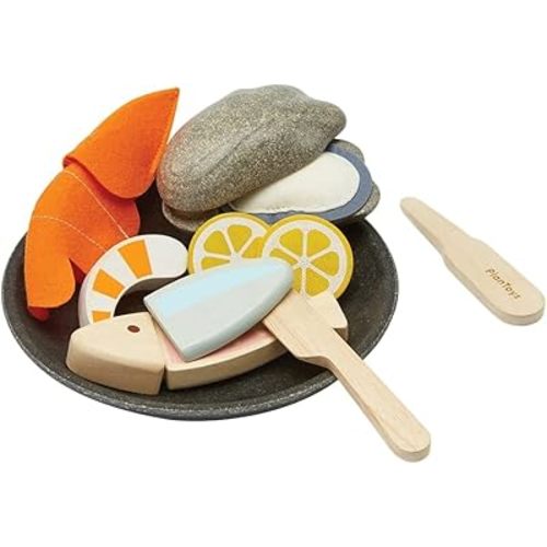 PlanToys® Wooden Pretend Play Seafood Platter Food Toy for Kids | Includes Fish, Prawn, Oyster, Knives & More | Montessori Role Play Kitchen Toy for Imaginative Learning