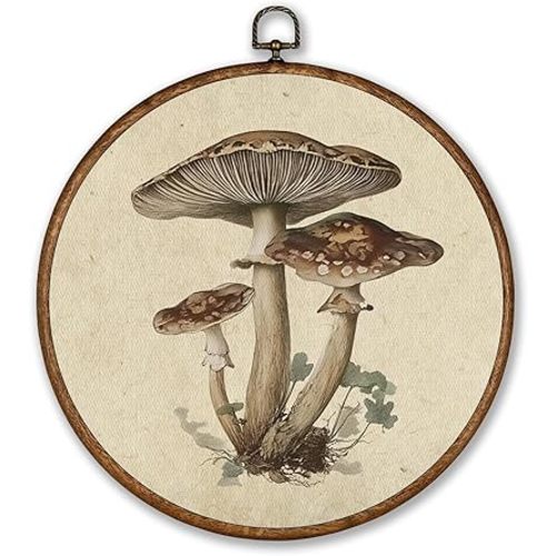 Voxitura Vintage Mushroom Fall Wall Art Round Framed, Rustic Farmhouse Wall Decor Canvas Hanging Living Room, Autumn Botanical Paintings Prints Artwork Decorations for Bedroom Thanksgiving 10x10in
