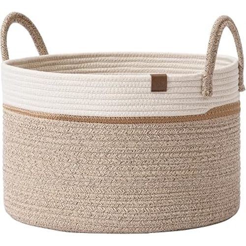 LA JOLIE MUSE Woven Basket Rope Storage Baskets - Tall Cotton Basket, Laundry Basket for Blanket, Kids Toy, Nursery Clothes Hamper Basket-S