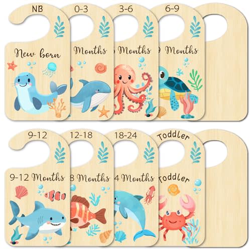 CRASPIRE 10Pcs Sea Animals Wood Wardrobe Dividers Dolphin Octopus Turtle Ocean from Newborn to 36 Month Closet Organizers Hanger Seperaters Nursery Wardrobe Hangers Divider for Shower