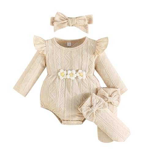 Newborn Infant Baby Girl Cotton Baby Romper Knitted 3d Flower Clothes Long Sleeve Warm Sweater Outfit With Socks