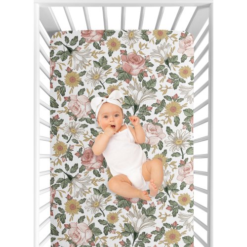 Sweet Jojo Designs Vintage Floral Boho Girl Muslin 100% Cotton Fitted Crib Sheet - Pink Bohemian Shabby Chic Flower Farmhouse