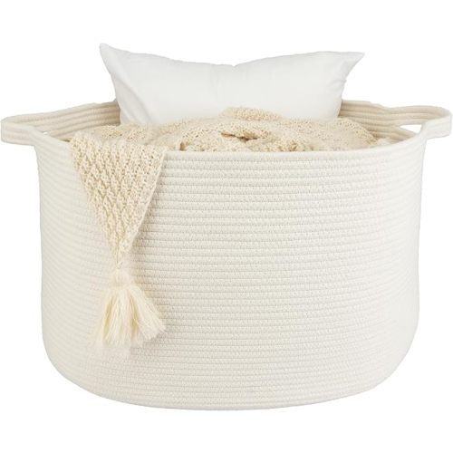 XUANGUO Extra Large Cotton Rope Basket Blankets Basket Living Room 22"x14" Toy Basket for Kids Dogs Rope Storage Basket for Nursery Woven Laundry Basket for Clothes Towels Baby Toy Storage round white