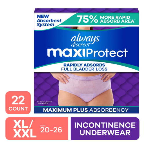 Always Discreet Adult Diapers for Women, MaxiProtect, Incontinence Underwear, Maximum Plus Absorbency, Size XL/XXL, 22 Count