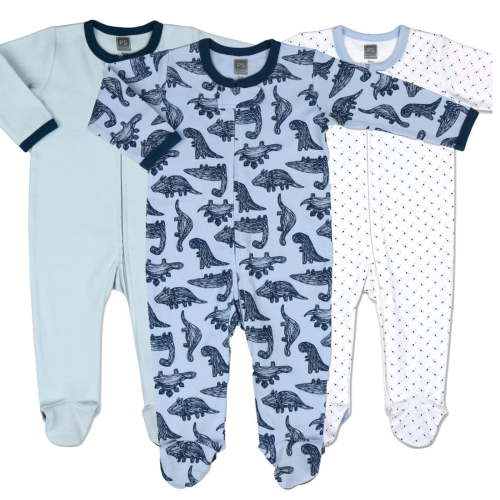 The Peanutshell Sleep n Play Footed Baby Pajamas Sleepwear Set, 6-9 Months, Blue Dino, 3-Pack