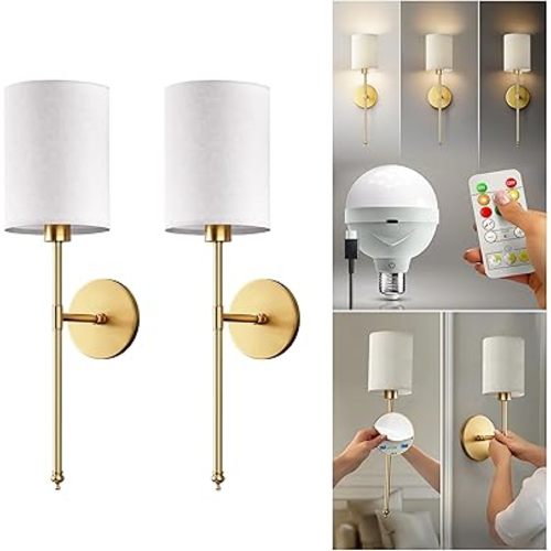 PRIDOLA Set of 2 Wireless Wall Sconces - Stick-On or Screw Mount for Easy Installation with Rechargeable LED Bulbs, Remote Controlled, Adjustable Brightness & Warmth, Vintage Wall Decor (Gold)