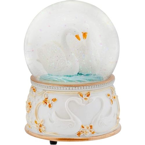 Elanze Designs Graceful White Revolving Swan 100MM Sturdy Wind Up Musical Glitter Water Snow Globe Tabletop Dresser Nightstand Figurine Decoration Plays Tune Swan Lake