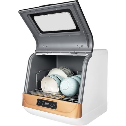 Portable Countertop Dishwasher, 4 Washing Programs Mini Dishwasher 360° Rotating Spray Dish Washing Machine for Home, Apartments & RV, Vegetables & Fruits, Fast/Standard/Strong (Gold)