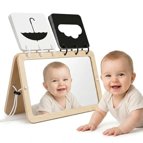 Woodtoe 2-in-1 Tummy Time Mirror, 0-180°Adjustable Angle Montessori Baby Toy, Double-Sided Design with High Contrast Black & White Cards, Shatterproof Baby Mirror for 0-18 Months Newborns Infants