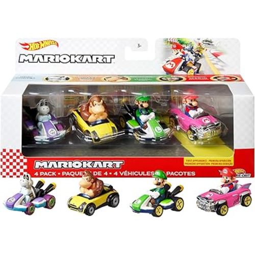Hot Wheels Mario Kart Vehicle 4-Pack, Set of 4 Fan-Favorite Characters Includes 1 Exclusive Model, Collectible Gift for Kids & Fans Ages 3 Years Old & Up