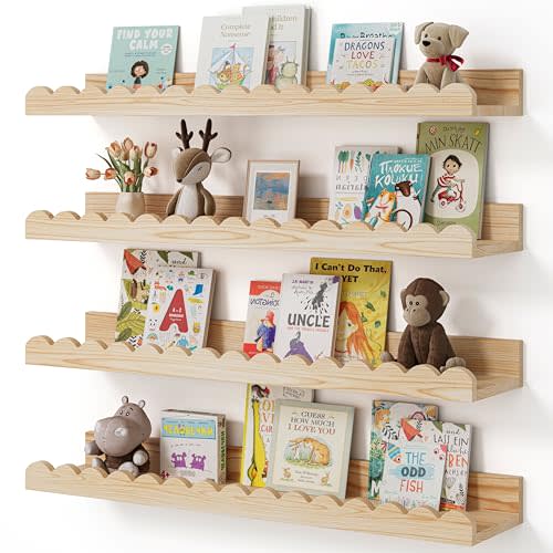 Nursery Book Shelves, 4-Pack Wood Floating Shelves for Wall Kids, Scalloped Shelves, Wall Book Shelves for Bedroom Kids, Toddler Room, Baby Room, Nursery Decor (Wood, 23 Inches)