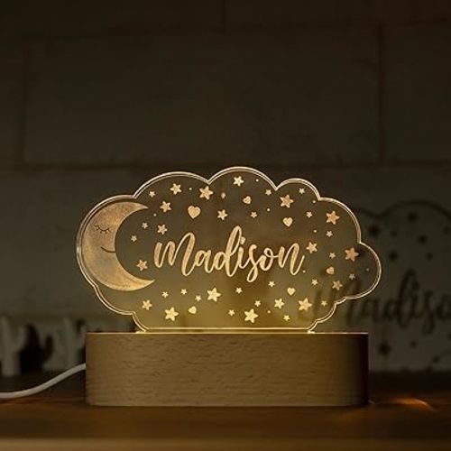 Night Light for Kids Room Personalized, Nursery Room Decor, Custom W/Name, Bedside Lamp, Birthday Gifts for Boys and Girls, Moon