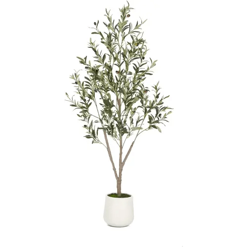 Olive Trees Artificial Indoor, 5FT Tall Faux Olive Tree with White Tall Planter, Artificial Plants with Natural Wood Trunk and Lifelike Fruits for Home Office Decor