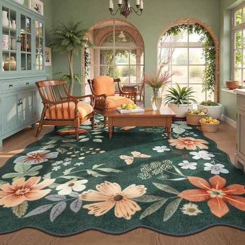 Lahome Floral Washable Living Room Rugs, 5x7 Green Area Rugs for Bedroom Nursery, Ultra-Thin Soft Non-Slip Stain Resistant Boho Throw Carpet for Dining Room Office Flore, Dark Green