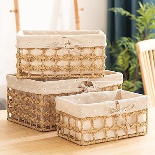 GIB Wicker Storage Baskets for Shelves, Small Wicker Baskets for Organizing, Decorative Natural Paper Rope Woven Baskets Bins with Liners, Set of 3