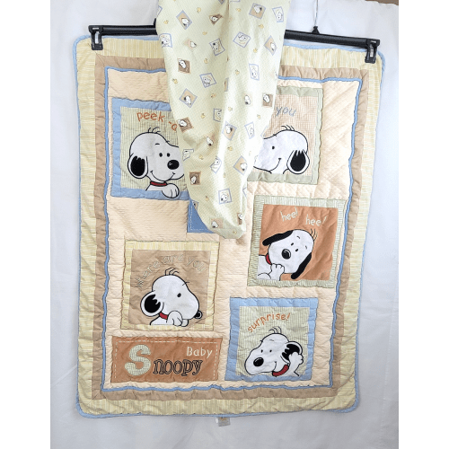 Vtg Baby Snoopy Peek a Boo Crib Quilt + Sheet Neutral Colors Green Beige Cream