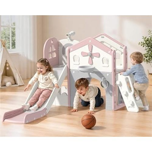 Babytronic Toddler Slide Set for Toddlers 1+, Indoor & Outdoor Kids Playground, 10 in 1 Slide Climber Playset with Foldable Slide, Basketball Hoop & Tunnel, Kids Slide for 1-3 Years (Pink)