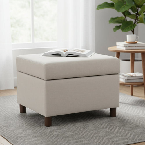 Ebern Designs 25 Inch Wide Rectangle Storage Ottoman With Wood Legs, Hinged Lid & Upholstered Fabric, 2 Colors Available | Wayfair