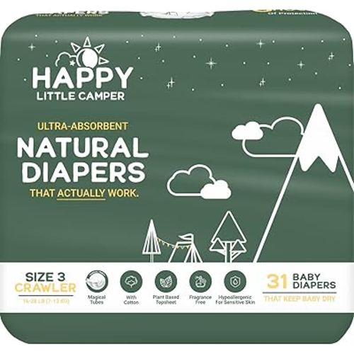 Happy Little Camper Ultra-Absorbent Natural Baby Diapers Size 3 - Hypoallergenic & Chlorine-Free Disposable Diapers Safe for Sensitive Skin - Unscented Crawler Diapers - 31 Count