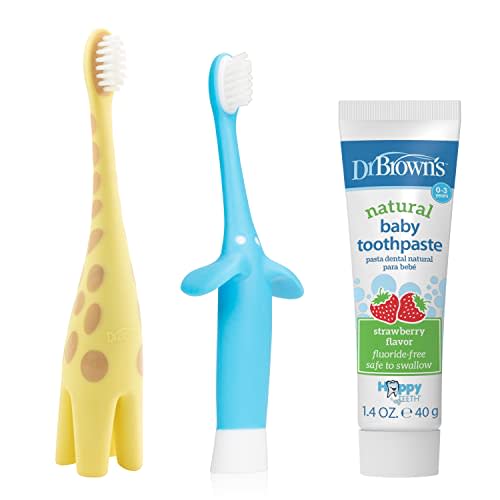 Dr. Brown's Infant to Toddler Giraffe and Blue Elephant Toothbrushes with Baby Toothpaste, Strawberry 1.4oz