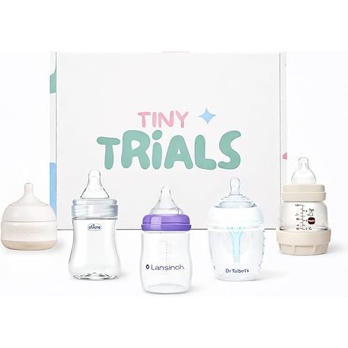 Baby Bottle Trial Pack Variety Box for Newborns & Infants – 5 Bottles Featuring Chicco, Dr. Talbot’s, MAM, Lansinoh & Babaloo – Anti-Colic, Breastfeeding-Friendly Baby Registry Gift, Tiny Trials