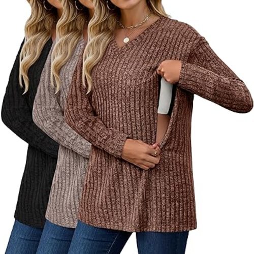 Oakgarden 3 Pack Oversized Women's Maternity Nursing Tops Vneck Breastfeeding Sweaters Long Sleeve Hidden Zipper Shirt