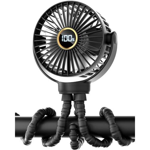 buywoo 3.5" Battery Powered Baby Stroller Cooling Fan, 3-Speed Rechargebale Tripod Fan with 360 Degree Rotation, Quiet Portable Fan with LED Display, Great for Car Seat, Crib, Bike, Treadmill, Black