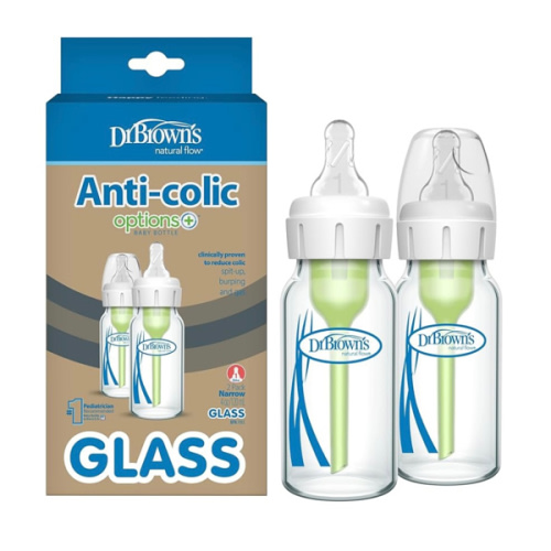 Dr. Brown's 4oz Anti-Colic Options+ Narrow Glass Baby Bottle with Level 1 Slow Flow Nipple & Silicone Sleeve - 2pk