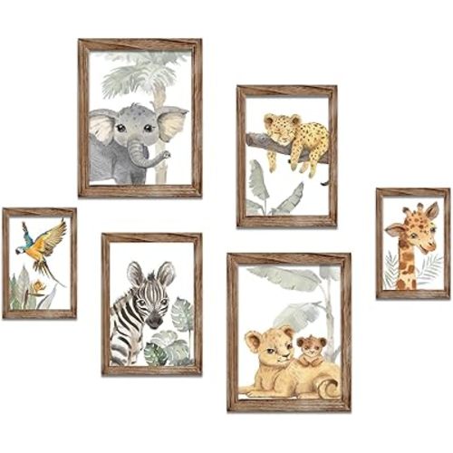 HLJ ART Safari Animal Wall Art Print for Boys and Girls: Jungle Nursery Pictures Framed Set of 6 for Baby Room Decor