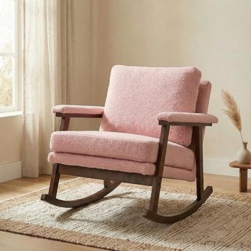 Rocking Chair for Nursery, Living Room & Bedroom, Upholstered Accent Chair with Solid Rubberwood Frame, Cozy Reading Chair for Small Spaces, Pink