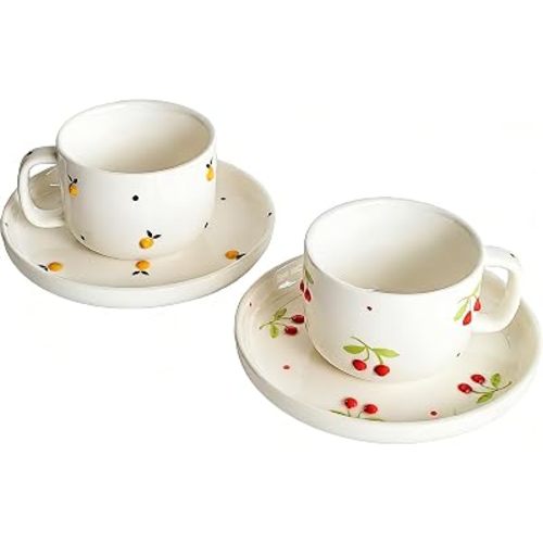 Ceramic Coffee Mug Set of 2, 8 oz Cherry and Lemon Design Cups with Saucers, Red & Yellow Cute Tea Mugs, Porcelain Espresso Mug Set for Coffee, Tea, Breakfast, Gift