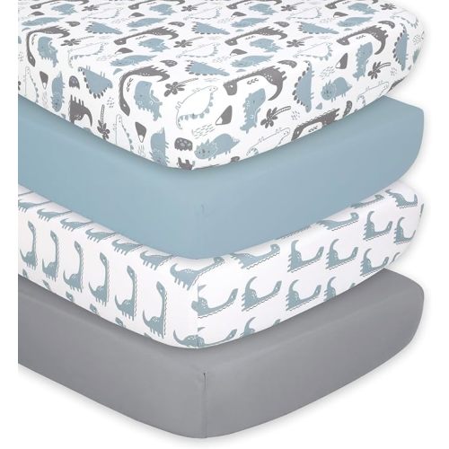 The Peanutshell 4-Pack Fitted Crib Sheet Set - Super Soft & Breathable Baby Boy Crib Sheets, Nursery Decor, Fit for Standard Mattress Cover- Dinosaur
