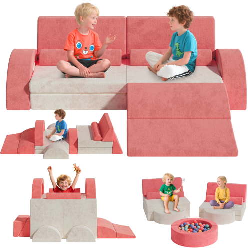 PORKISS 11 PCS Modular Kids Play Couch, Foam Toddler Sofa for Girls Boys, DIY Creativing Modular Kids Sofa, Modern Floor Couch for Living Room, Playroom, Bedroom, CPC-Certified, Pink/White
